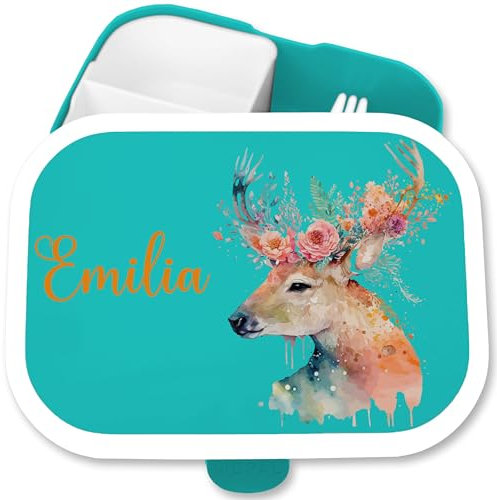 Brotdose Kinder Campus für Mepal - Hirsch Geweihträger Geweih Hirsche Hirschmotiv - 750 ml - Türkis - lunchbox waldtiere waldtieren blumen fächern personalisierte auslaufsicher