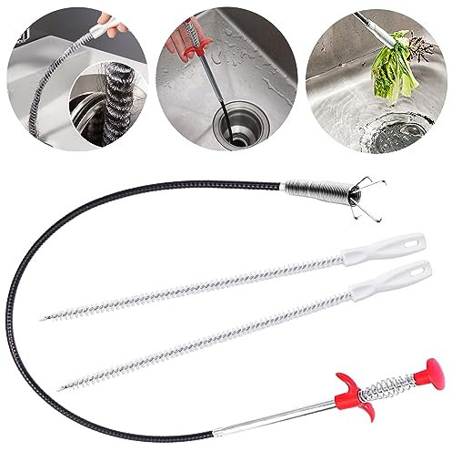 Drain Snake Bathroom Sink Shower Bath Toilet Pipe Hair Plug Unblocker Cleaner Remover Brush Tool Long Handled, 2+1 Pack