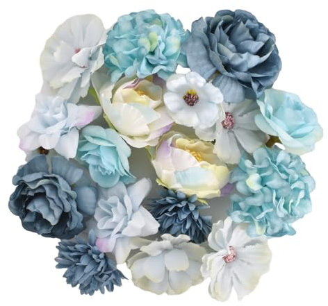 Mini Künstliche Blumen, 20 Stück Künstliche Blumenköpfe Klein Dekorative Kunstblumenköpfe zum Basteln, Rosen Gänseblümchen Pfingstrosen Blumenköpfe für DIY Zuhause, Hochzeit, Party Dekoration (Blau)