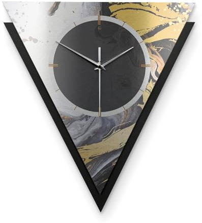 Kreative Feder Dreieckige 3D Designer-Wanduhr Gold & Black Ink in modernem Metallic-Look Silber-schwarz ohne Tickgeräusche (Gold & Black Ink, leises Quarzuhrwerk)