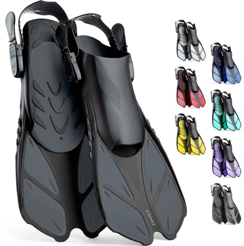 CAPAS Snorkel Fins, Swim Fins Travel Size Short Adjustable for Snorkeling Diving Adult Men Women Kids Open Heel Swimming Flippers (Grey, Kids JR)