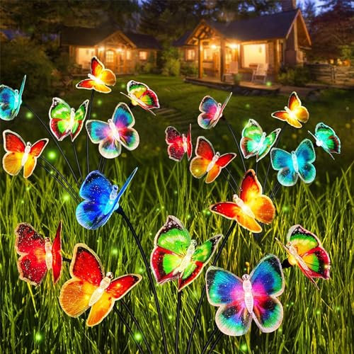 TZEKING Solarlampen für Außen Garten,2 Stück 14 LED Schmetterling Solarleuchten,Solar-Gartenleuchten mit Farbwechselnden,IP65 Wasserdicht Solar Gartenleuchten,Swinging Solarleuchten für Garten,Hof
