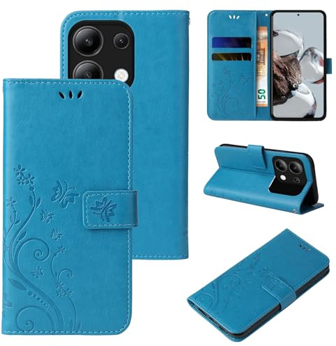 LBH Handy Hülle für Xiaomi Redmi Note 13 5G Case Handytasche Schmetterling Blumen Flower Standfunktion Schutzhülle Magnet Rundum Schutz 360 Grad Flipcase Cover Blau