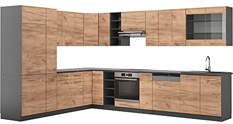 Vicco Eckküche Fame-Line, Goldkraft Eiche/Anthrazit, 347 x 257 cm | 16 Module · Höhenverstellbare Füße · Arbeitsplatte Anthrazit · Robuste Fronten · Softclose · Metallgriffe
