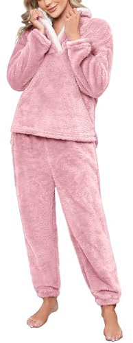 Niwicee Pyjama Femme Polaire Ensemble Hiver Manche Longue Ultra Doux Deux Pièces épaississant Et Chaud Tenue d'intérieur Cadeau d'hiver (Rose, XL)