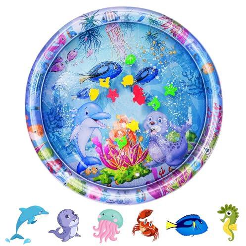 Aolso Almohadilla Agua Inflable,Alfombra Inflable con Agua Tema Oceánico,Alfombra de Agua para Bebes,Cojín de Agua Inflable con para Bebé,Cojín Colchones de tiempo boca abajo Bebés(sello redondo)