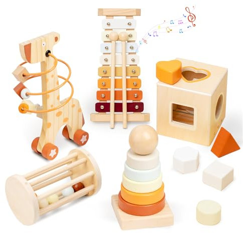 Smartwo Montessori Spielzeug Set ab 1 Jahr, 5-in-1 Baby Holzspielzeug ab 12 Monate, Pädagogische Motorikspielzeug, inkl. Stapelturm Formensortier Xylophon, Geschenk für 1 2 3 jährige Mädchen Jungen