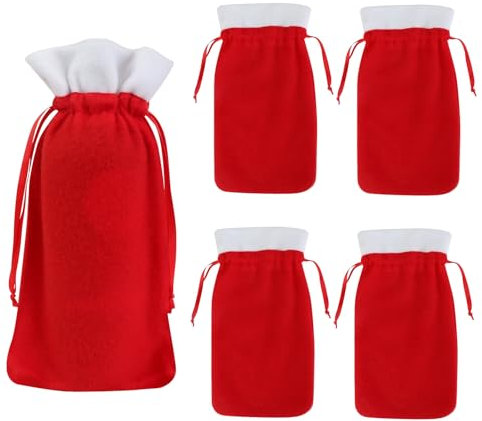 bruwaa 5 Stück Weihnachtliche Weinflaschentaschen,Mit Kordelzug, Wiederverwendbare Weinflaschentaschen für Weihnachten, Hochzeit, Reisen, Geburtstag, Urlaub, Party