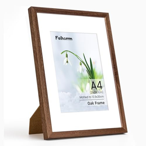 Cadre photo A4 en noyer massif avec support pour impressions A5, cadre photo A4 (21 x 30 cm) avec verre trempé pour accrocher au mur vertical et horizontal