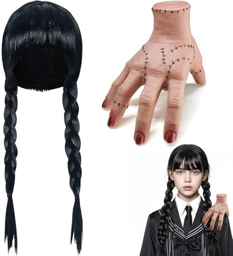 Addams Perücke für Damen,Perücke Kinder Wednesday,Eiskaltes Händchen,Mittwoch Addams Perücke,Realistic Scarred Latex Palm,Wednesday Perücke schwarz Langhaar,Geflochtene Schwarze Zopfperücke Cosplay