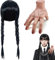 Addams Perücke für Damen,Perücke Kinder Wednesday,Eiskaltes Händchen,Mittwoch Addams Perücke,Realistic Scarred Latex Palm,Wednesday Perücke schwarz Langhaar,Geflochtene Schwarze Zopfperücke Cosplay