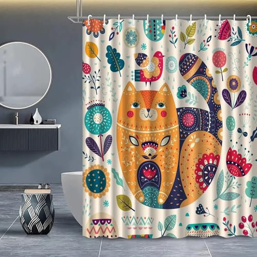 Hyupuanj Tenda Doccia Impermeabile Kitty, 200 x 200 cm Tenda per Doccia Polyester Lavabile, Orlo Pesato Tende, con Ganci e 12 Anelli, Tende Finestra, Vasca da Bagno Decorazioni M-386
