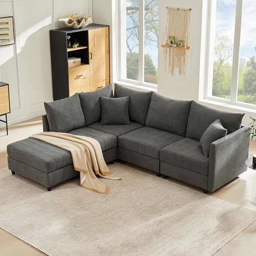 Kebnor Modernes Ecksofa mit vertikalen Streifen, 5-Sitzer-Sofa, mit umwandelbarem Fußhocker, L-förmiges Sofa, U-förmiges, geeignet für Wohnzimmer, Wohnung usv. (Grau)