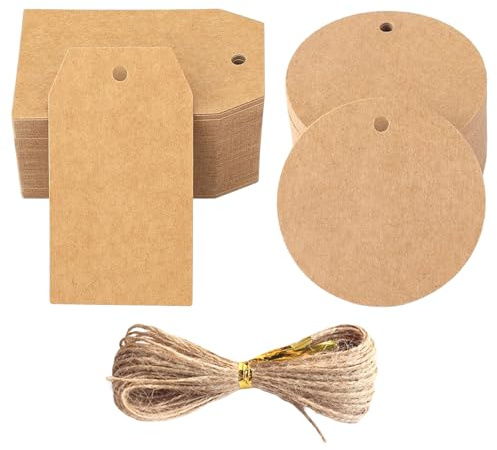 VEGCOO 200Pcs Etiquetas de Papel Kraft Marrón, Etiquetas Redondas 6cm y Rectangulares 4x7cm, Etiqueta de Boda Etiquetas de Regalo con Cordel de Yute para Regalo y Ropa