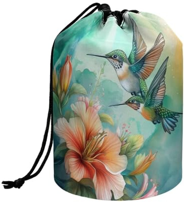 Wnbucioht Art Hummingbird Drawstring Makeup Bags for Women Girls Travel Toiletries Bags Vintage Floral Bird Toiletry Bucket Bags Round Organizer Storage Pocket Travel Toiletries Cases Organizer