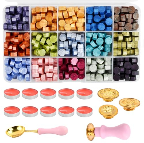 Juego de Sellos de Lacre, Aproximadamente 375 Perlas de Cera de Sellado, 15 Colores, 10 Velas, Cuchara de Fundición, 3 Sello, para Invitaciones, Tarjetas, Sobres