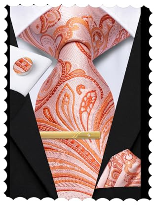 Hi-Tie 177,8 cm extra lange Krawatten für Herren, Seide, Herren, lange Krawatten und Einstecktuch, Manschettenknöpfe, Clipnadel-Set, Krawatte für Business, Orange, M