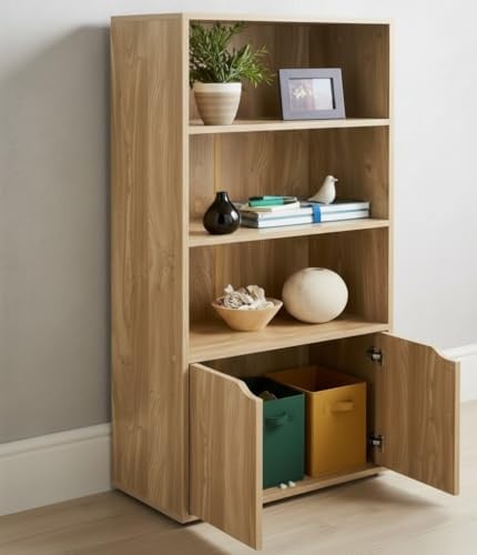 DEENZ 3 Open Adjustable Shelf Tier Bookcase Solid Oak Wood Finish Cupboard 2 Doors Cabinet Display Home Decor Storage Unit Modern Lines Cube Rack Furniture Floor Mount Heavy Duty 120 X 58 X 29 Cm