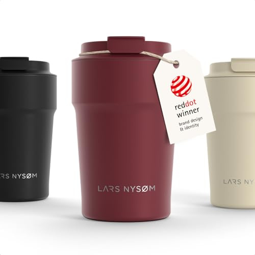LARS NYSØM Thermo Coffee Mug-to-go 380ml | Tasse de voyage 0.38 litre avec isolation | Base en silicone | Tasse thermique étanche en acier inox pour café ou thé (Berry Red - Powder, 380ml)