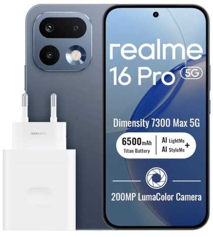 realme 16 Pro 5G Smartphone 8+256Go, Grey | Batterie 6500mAh, Charge rapide 80W, Écran AMOLED 6,78 pouces, 144Hz, Appareil photo 200MP, Dimensity 7300 Max, IP69