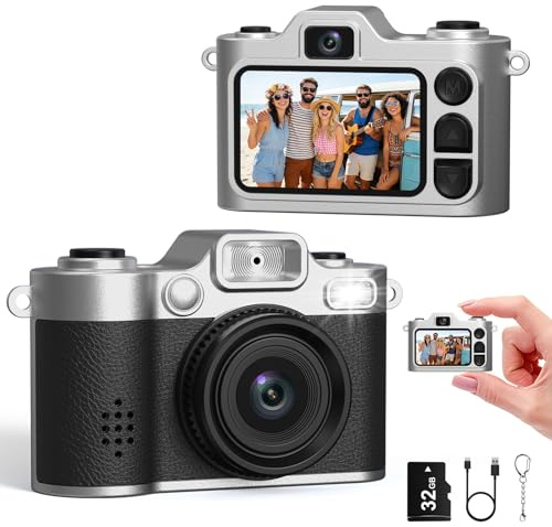Mini Digitalkamera - 1080P FHD Kleine Retro Fotokamera, 1,38 Zoll Farbbildschirm Selfie Schlüsselanhänger Kamera mit Blitz & Aufzeichnung, Mini Daumenkamera Kreative Geschenke,Vintage Schwarz
