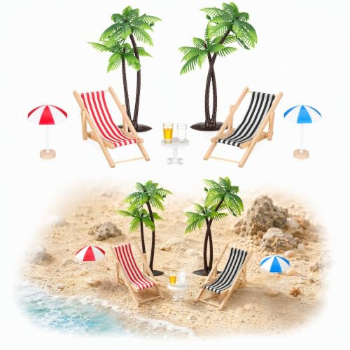Hemobllo 9 Stück Miniatur Strand Deko Set Sommer Deko | Mini Liegestuhl Palme Sonnenschirm Zubehör für DIY Innen, Maritimes Puppenhaus und Urlaub Geldgeschenk