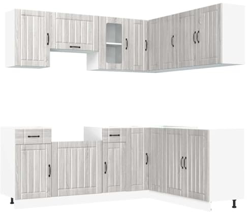 Foknhdi 11 piezas Kalmar en gris Sonoma, madera de 80 cm, armario inferior para fregadero, armario de esquina, armario colgante para lavavajillas, modular, juego de muebles de cocina para cocina