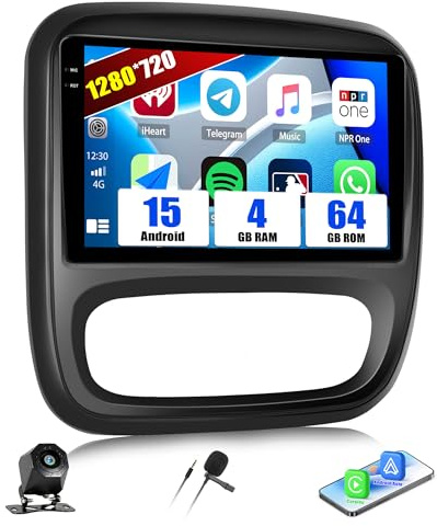 SIXWIN 4+64G Android 15 Autoradio für Renault Trafic 3 2014-2021/Opel Vivaro B 2014-2018 mit CarPlay/Android Auto/Mirror Link,9'' HD Touchscreen mit WiFi/GPS/Bluetooth 5.0/EQ/FM/RDS+Rückfahrkamera