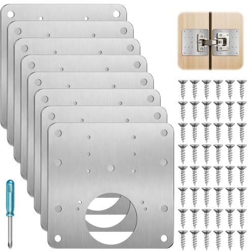 8 Pcs Hinge Repair Plate Kit, Stainless Steel Cabinet Hinge Repair Plate with 48 Screws and 1 Screwdriver, Cupboard Door Hinge Repair Brackets for Kitchen Wardrobe Wood Furniture