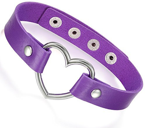 Flongo Choker Leder Halsband Lederhalsband Damen, Leder Halskette Halsband Anhänger Choker Tattoo Kette Lila Silber Herz Einstellbar Verstellbar Gothic Punk Rock Damen
