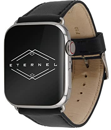 ETERNEL - Cinturino compatibile con Apple Watch Holi nero 38/40/41/42 mm adattatori in acciaio inossidabile argento - Pelle di vacchetta fatta a mano in Francia - Compatibile con tutti gli Apple Watch