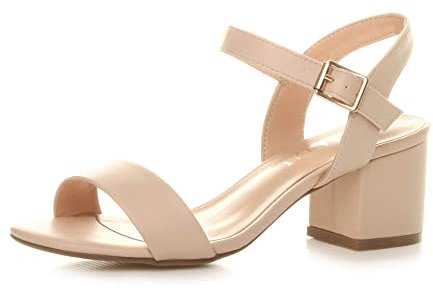 Ajvani Women Ladies Low Block Heel peep Toe Ankle Strap Strappy Party Sandals, 6 UK, Nude Matt