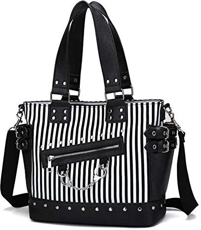 KEEPOP Damenmode Niet Handtasche Geldbörse Canvas Punk Tote mit Schultergurt Umhängetasche Große Kapazität (Leuchtend gestreift)