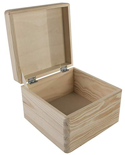 WooDeeDoo Square Wooden Box with Hinged Lid 20 x 20 x 14 cm – Plain Pine Storage Chest for Crafts DIY Engraving Personalised Gift Keepsake Memory Box Decorative Unfinished Wood Organiser