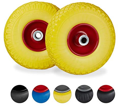 Relaxdays 2 x Sackkarrenrad, pannensichere Vollgummireifen, 3.00-4 Stahlfelge, 20mm Achse, 100kg, Ersatzrad 260 x 85 mm, gelb-rot