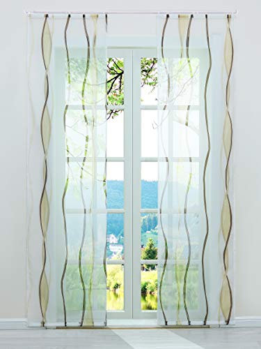 ESLIR Schiebegardinen Set 2er Flächenvorhänge Gardinen mit Klettband Schiebevorhang Transparent Vorhang mit Wellen Druck Voile Sand BxH 57x225cm 2 Stück