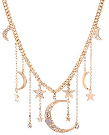 HMOOY Mode Kristall Halbmond und Stern Anhänger Halskette Vergoldet Retro Stern Phase Anhänger Zarte Kette Halskette Accessoires Schmuck für Frauen