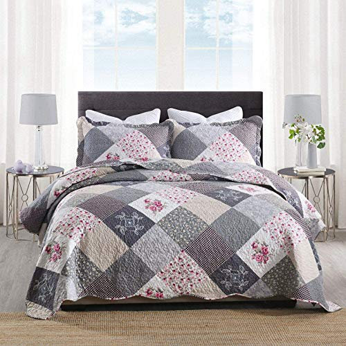 Qucover Tagesdecke 240x260cm Patchworkmuster, Mikrofaser Bettüberwurf für Doppelbett, Gesteppte Decke für Sommer, Tagesdecke Set mit 2 Kissenbezügen, Grau