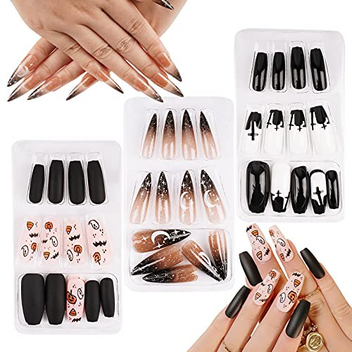 FLOFIA Halloween Nägel zum Aufkleben 72 Stk Künstliche Fingernägel Lang Spitz Vollabdeckung Nagelspitzen mit Kürbis Mond-Muster Kunstnägel 12 Größen für DIY Nagelkunst Nagelstudios