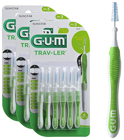 GUM TRAV-LER cepillos interdentales | mango flexible | higiene eficaz entre los dientes y eliminación de la placa | 1.1mm, ISO 3 | Tamaño M | Paquete de 3x6