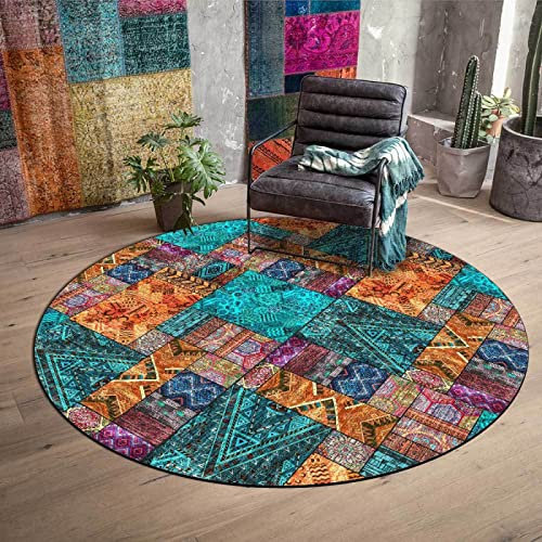 WLICWEI Traditioneller Orientteppich, fusselfrei, Esszimmer, Eingangsbereich, Foyer, Wohnzimmer, Schlafzimmer, Teppich, grüner quadratischer Mosaik-Ethno-Stil, Ø 200 cm