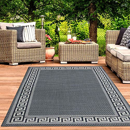 VIMODA In- und Outdoor Teppiche Flachgewebe Balkon Küche Bordüre Look In Blau & Turkis, Farbe:Blau, Maße:60x100 cm