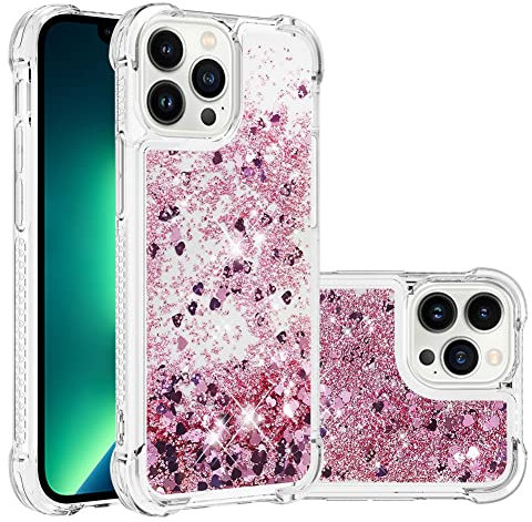 IMEIKONST Compatible with iPhone 13 Pro Glitter Case, Liquid Sparkle Quicksand Clear Transparent Sequin Slim Girls Soft TPU Bumper Silicone Shockproof Cover for iPhone 13 Pro. Love Rose YBW