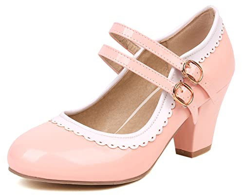 Lizoleor Cuir Verni Mary Jane Femmes Bride Cheville Bloc Fête Chaussures Closed Toe Mariage Talons Hauts Escarpins Prom Rose Taille 37 EU/38Cn