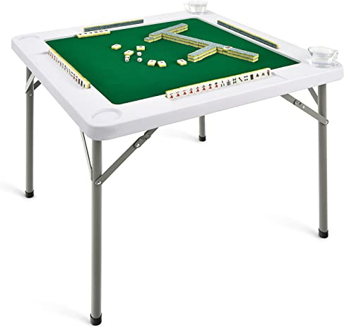 GYMAX Mahjong Table, 35” Folding Card Table with Cup Holders & Chip Trays, Square Domino Playing Table for Mahjong Poker
