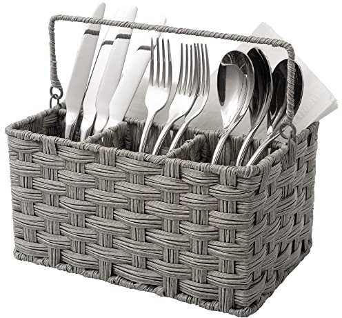 GRANNY SAYS Grey Utensil Holder, Pack of 1 Cutlery Holder for Table, Handwoven Wicker Utensil Organiser, Large Utensil Holder with Handle, Spoon Holder for Picnic Party, Kitchen Utensils Organiser