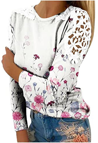 Susenstone Chemisier Femme Sexy Chic Hauts à Manches Longues Dentelle Ample Blouse Elégante Mode Col Rond T-Shirt Tops Couleur Unie/Imprimé Vêtements de Printemps et d'été Tunique Pullover 03# Rose