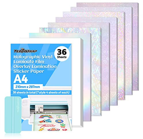 TECKWRAP Holographic Sticker Paper Clear Overlay Lamination Vinyl Matte White Inkjet Printable Vinyl 8.26 x 11.69 A4 Size 36 Sheets/Pack Laminate Sticker Film for Craft, Scrapbooking, Craft Cutters