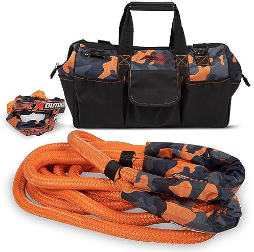 Kinetic Recovery Rope - Heavy-Duty Off-Road 1 x 30 Kinetic Tow Rope, 30% Stretches for Full-Size, Kinetic Rope Recovery Kit Includes Orange Camo Storage Bag and 1/2 x 20 Soft Shackles