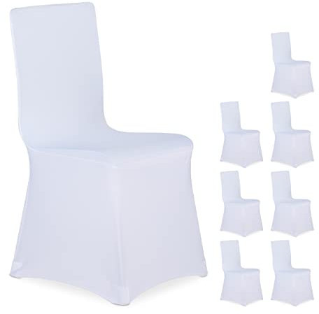 Relaxdays 8 x Stuhlhussen, universeller Stretch Stuhlbezug, waschbarer Stoff, Bankettstuhl Dekoration, Empfang und Feier, weiß